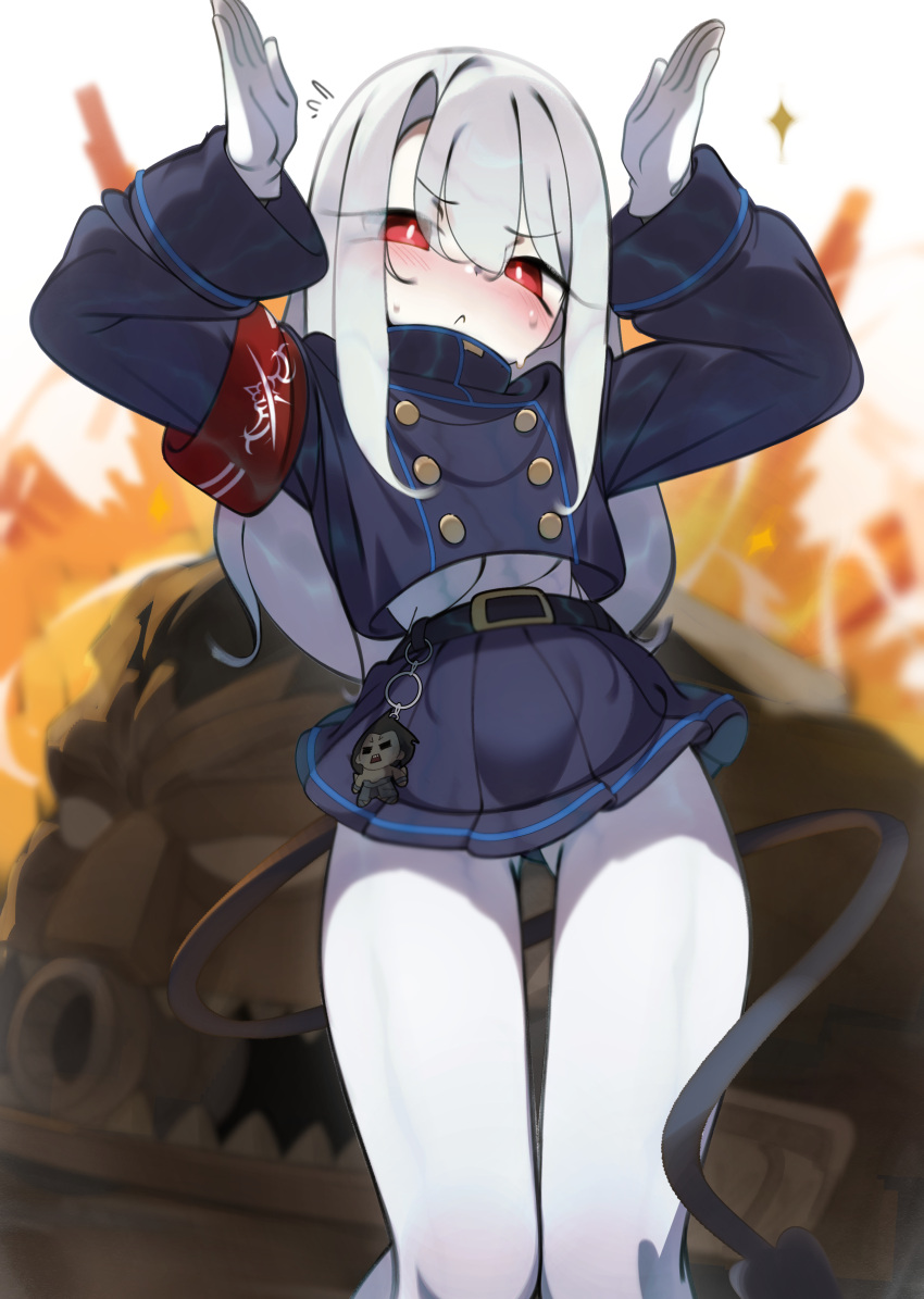 1girl, absurdres, armband, arms_up, bersercar, black_skirt, blue_archive, blue_jacket