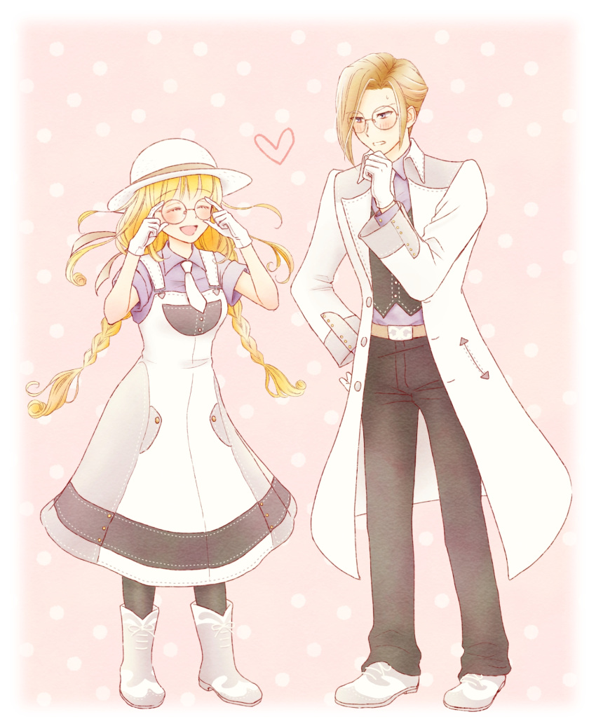 1boy, 1girl, :d, adapted_costume, adjusting_eyewear, azu_rin_go, bespectacled, black_pants