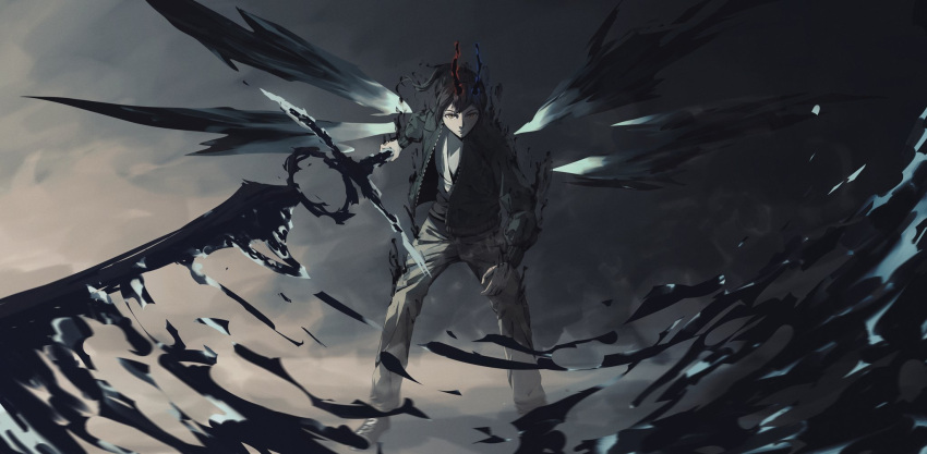 1boy, asymmetrical_horns, black_jacket, black_shoes, brown_hair, energy_sword, energy_wings, highres