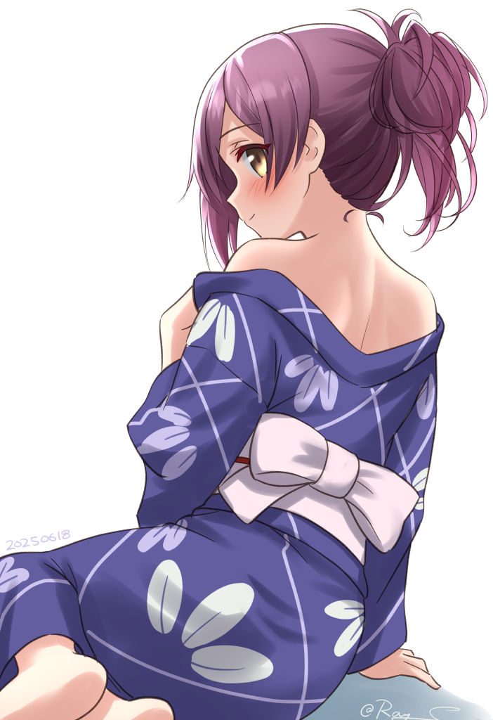 1girl, barefoot, blue_kimono, brown_eyes, commentary_request, from_behind, hagikaze_(kancolle), hagikaze_(yukata)_(kancolle), japanese_clothes, kantai_collection, kimono, kimono_partially_removed, leaf_print, long_hair, official_alternate_costume, official_alternate_hairstyle, one-hour_drawing_challenge, ponytail, profile, purple_hair, ray.s, simple_background, sitting, solo, white_background, yokozuwari, yukata