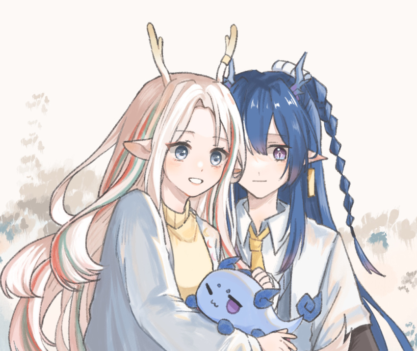 2girls, :d, a_deer_of_nine_colors, animal_ears, arknights, blue_eyes, blue_hair, blue_shirt