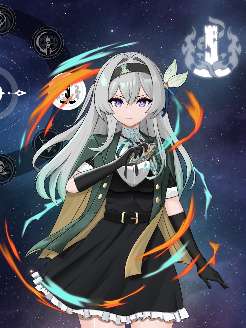 1girl, absurdres, belt, black_belt, black_dress, black_gloves, black_hairband, breasts, closed_mouth, dress, firefly_(honkai:_star_rail), firefly_(jepella_rebellion)_(honkai:_star_rail), frilled_dress, frills, gloves, grey_hair, hair_between_eyes, hair_intakes, hair_ornament, hairband, highres, holding, honkai:_star_rail, honkai_(series), klashikari, long_hair, medium_breasts, official_alternate_costume, pink_eyes, short_sleeves, sky, solo, star_(sky), starry_sky