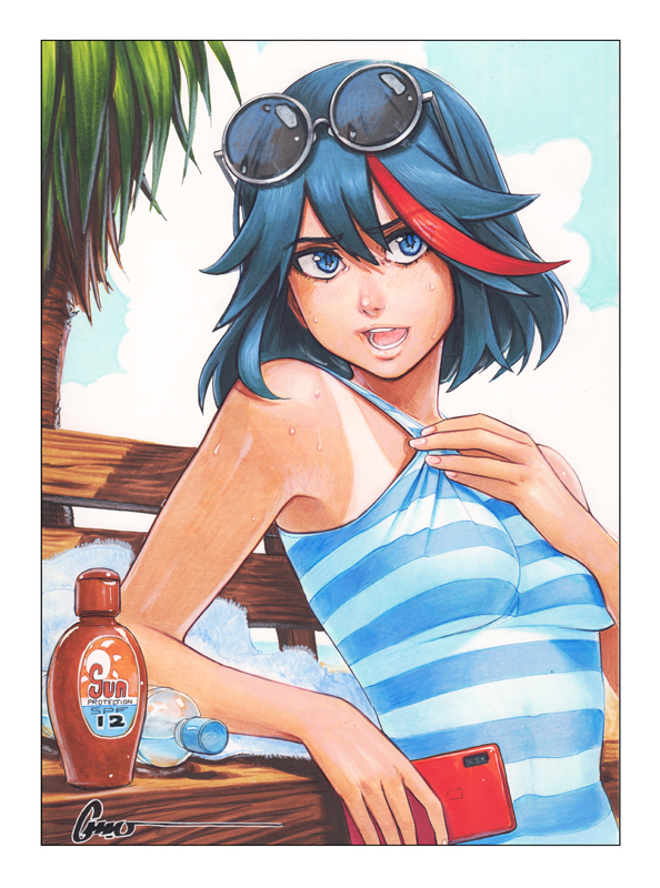 1girl, blue_hair, bottle, breasts, eyewear_on_head, holding, holding_phone, kill_la_kill
