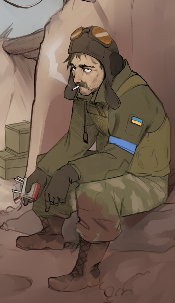 1boy, arbuz_budesh, armband, blue_armband, box, brown_gloves, bulletproof_vest, cable, camouflage, camouflage_pants, dirt, dirty, dirty_clothes, dirty_face, dirty_feet, exhausted, facial_hair, gloves, green_jacket, hat, helmet, jacket, looking_at_viewer, male_focus, military, military_combat_uniform, military_hat, military_uniform, mustache, old, old_man, original, outdoors, pants, russo-ukrainian_war, sitting, smoking, tank_helmet, trench, ukraine, ukrainian_flag