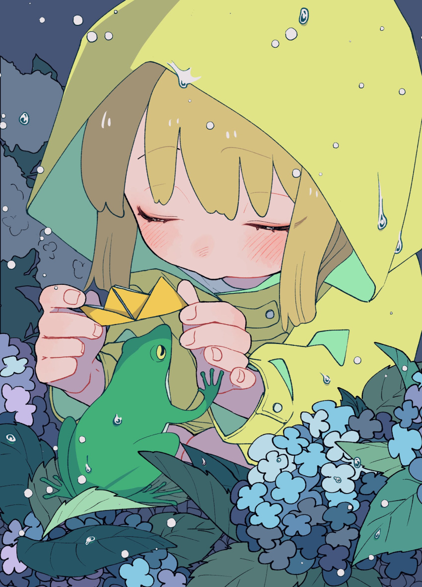 1girl, absurdres, animal, black_eyes, blonde_hair, blue_flower, blush, closed_eyes