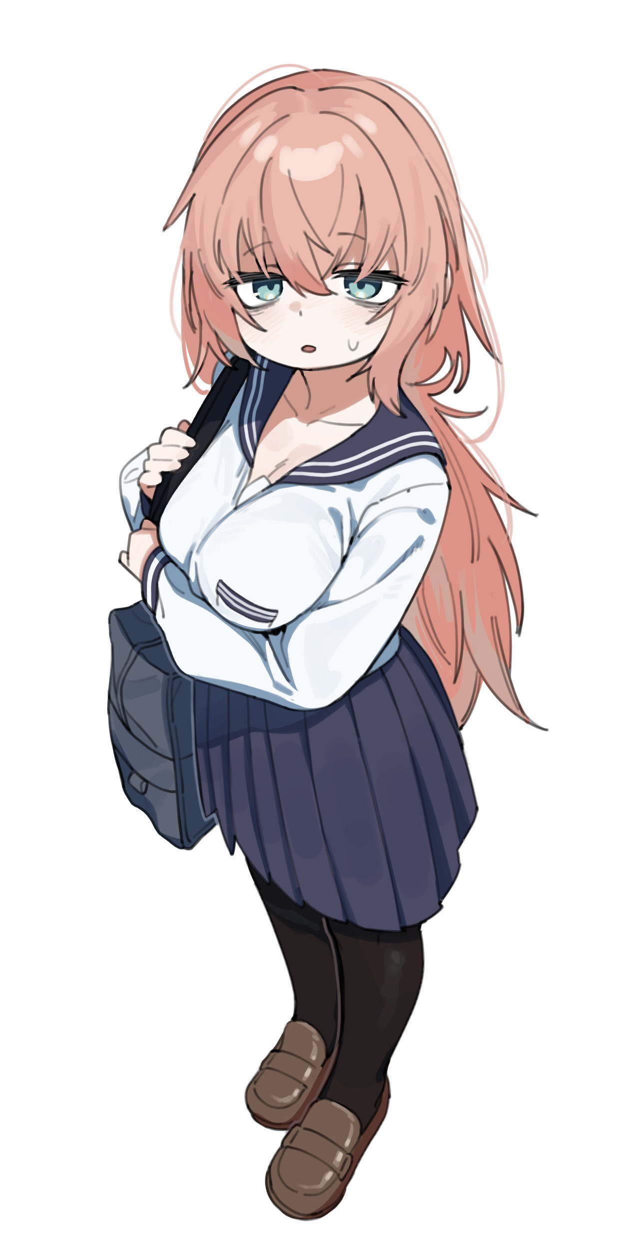 1girl, absurdres, bag, bags_under_eyes, blue_eyes, blue_skirt, breasts, brown_shoes