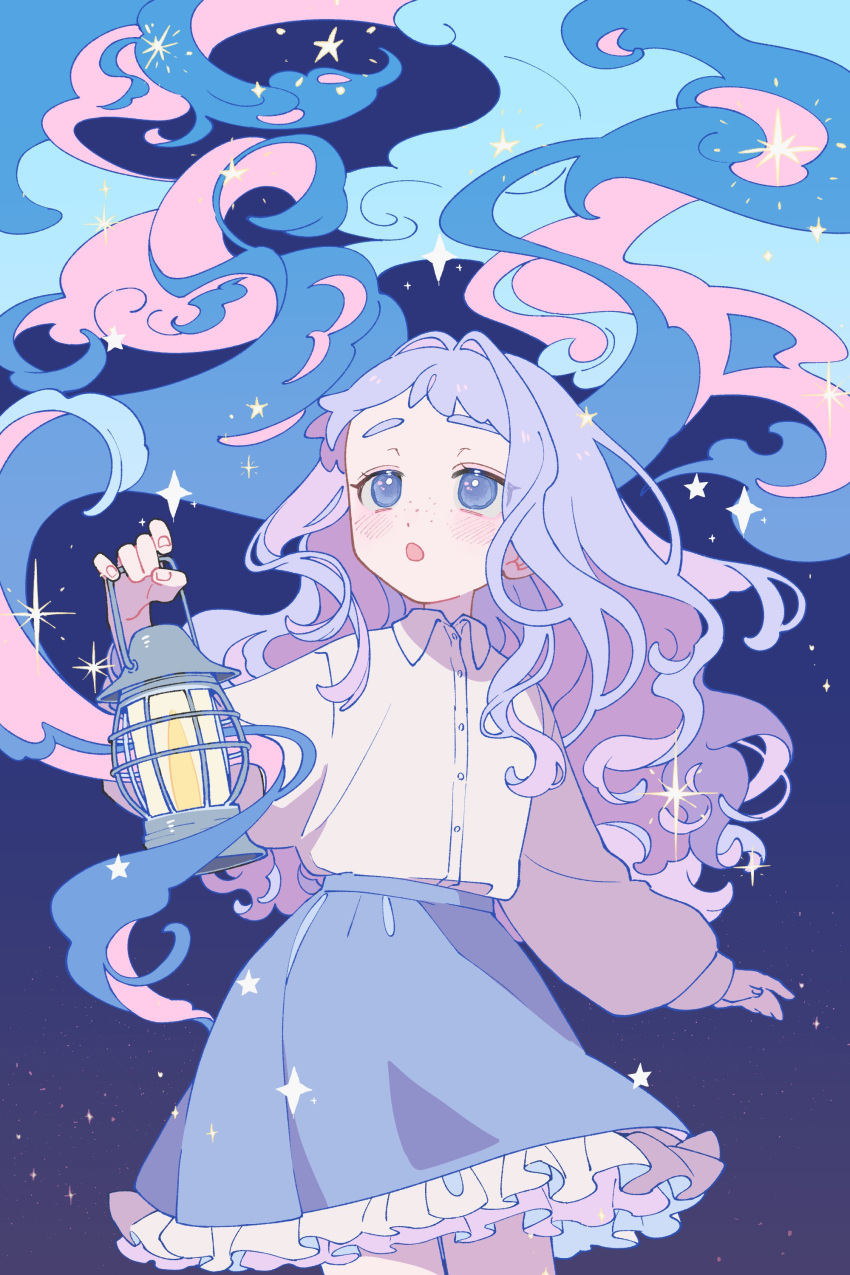 1girl, absurdres, blue_clouds, blue_eyes, blue_skirt, clouds, collared_shirt, dress_shirt, freckles, frilled_skirt, frills, grey_hair, hand_up, hashtag-only_commentary, highres, hlra_shine, holding, holding_lantern, kerosene_lamp, lantern, layered_skirt, long_hair, looking_up, open_mouth, original, pink_clouds, puffy_sleeves, shirt, shirt_tucked_in, skirt, solo, standing, star_(symbol), white_shirt