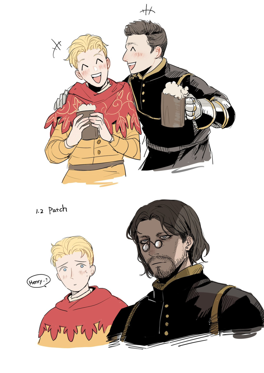2boys, ^_^, beard, beer_mug, belt, black_jacket, blonde_hair, blue_eyes