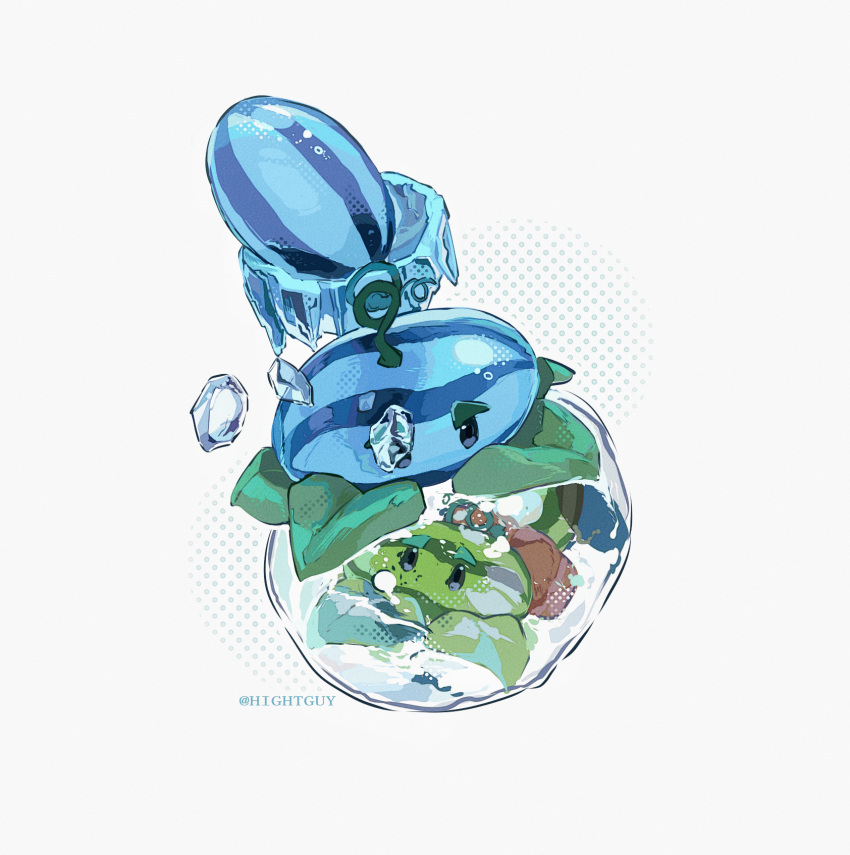 air_bubble, artist_name, black_eyes, bubble, commentary, food, from_above, fruit