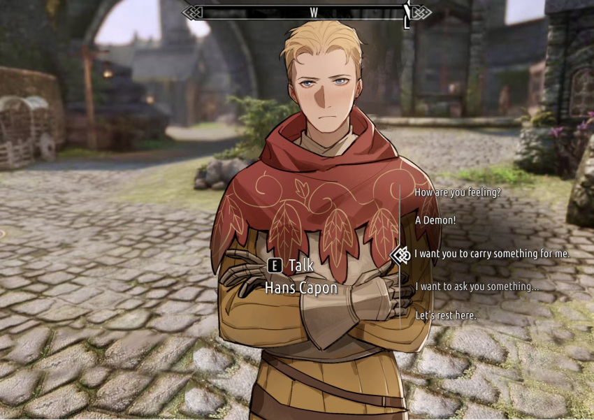 1boy, armor, armored_gloves, blonde_hair, blue_eyes, blurry, blurry_background, blush