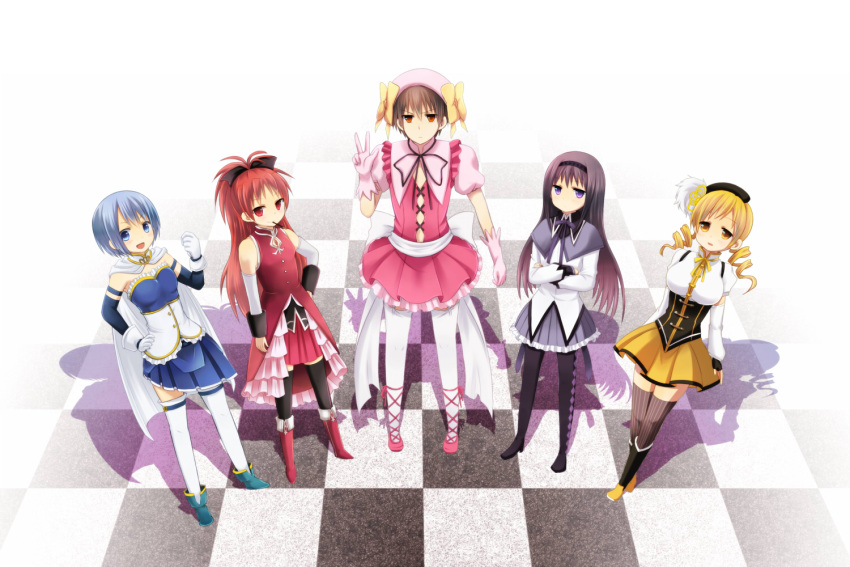 4girls, aikawa_ayumu, akemi_homura, ankle_lace-up, black_hair, blonde_hair, blue_eyes, blue_hair, brown_hair, cape, checkered, checkered_floor, cross-laced_footwear, crossdressinging, crossed_arms, crossover, dress, drill_hair, gloves, hat, ine, kore_wa_zombie_desu_ka?, long_hair, looking_up, magical_girl, mahou_shoujo_madoka_magica, miki_sayaka, multiple_girls, odd_one_out, pantyhose, ponytail, purple_eyes, red_eyes, red_hair, redhead, sakura_kyouko, season_connection, shadow, short_hair, thighhighs, tomoe_mami, trap, twin_drills, v, violet_eyes, wide_ponytail, yellow_eyes
