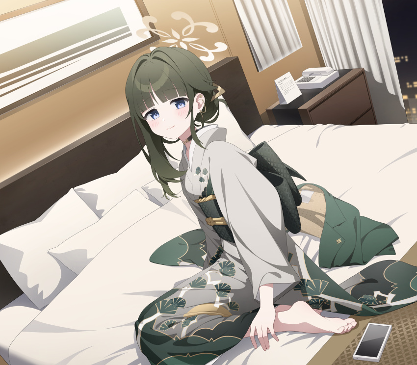 1girl, absurdres, barefoot, blue_archive, blue_eyes, blunt_bangs, blush, choker