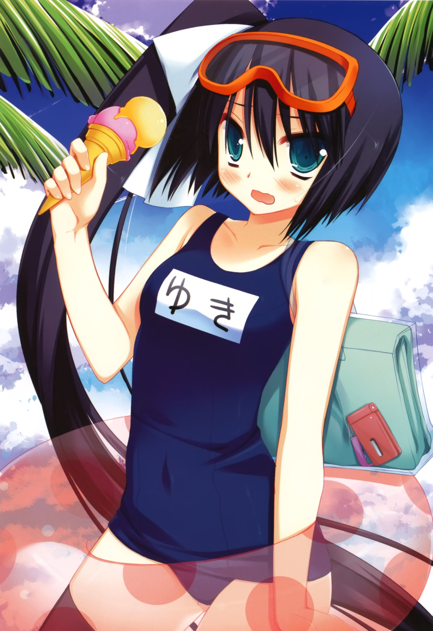 bag, black_hair, blue_eyes, blush, cellphone, cloud, diving_mask, embarrassed