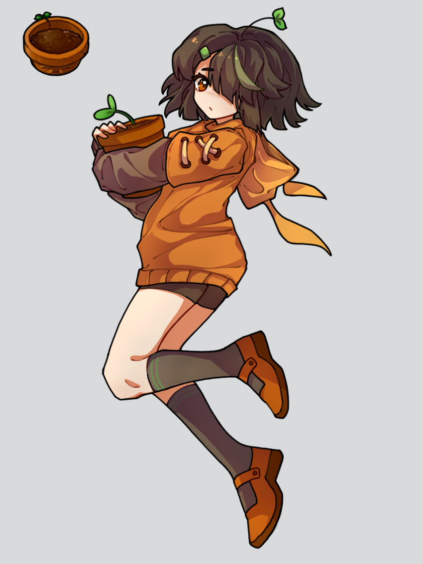 1girl, black_socks, blunt_bangs, brown_hair, brown_shirt, brown_shorts, chinese_commentary, closed_mouth