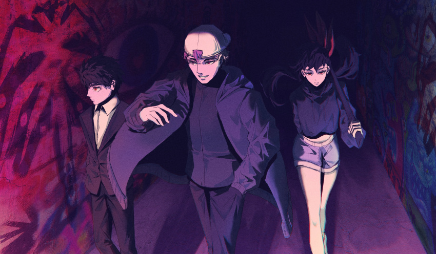 1girl, 2boys, absurdres, black_hair, black_jacket, black_pants, black_shirt, blonde_hair