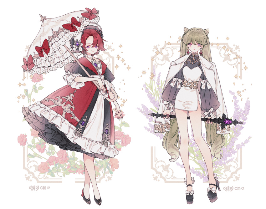 1girl, black_shoes, blush, bow, commentary_request, commission, double-parted_bangs, dress