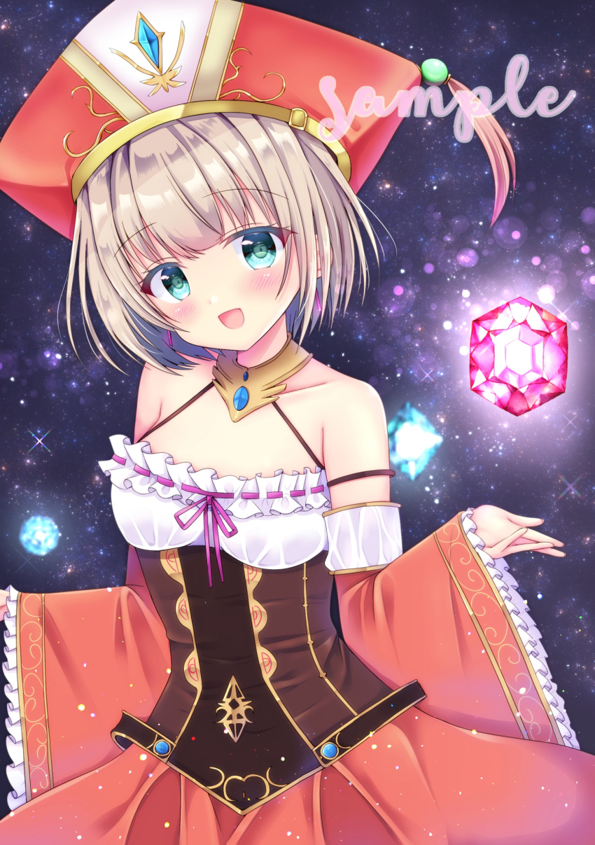 bare_shoulders, breasts, frills, gem, green_eyes, grey_hair, hat, highres