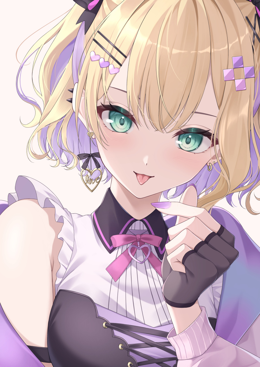 1girl, absurdres, black_gloves, black_ribbon, blonde_hair, colored_inner_hair, ear_piercing, finger_heart