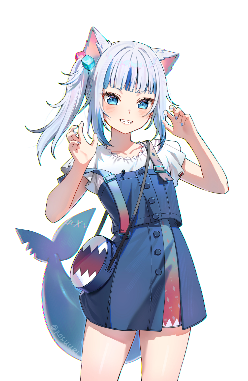 1girl, animal_bag, animal_ears, artist_name, bag, blue_eyes, blue_hair, blue_nails, blue_outline, blue_skirt, blue_streaks, blue_tail, blunt_bangs, blush, buttons, cat_ears, cat_girl, claw_pose, cowboy_shot, cube_hair_ornament, denim, denim_skirt, fingernails, fins, fish_skeleton, fish_tail, gawr_gura, gawr_gura_(casual), grin, hair_ornament, hands_up, highres, hololive, hololive_english, long_hair, looking_at_viewer, miniskirt, multicolored_hair, nail_polish, outline, overall_skirt, rosuuri, satchel, shark_bag, shark_girl, shark_tail, sharp_teeth, shirt, short_sleeves, side_ponytail, sidelocks, simple_background, skirt, smile, solo, standing, stitched_tail, stitches, straight-on, streaked_hair, suspenders, suspenders_slip, tail, teeth, virtual_youtuber, white_background, white_hair, white_shirt, zipper