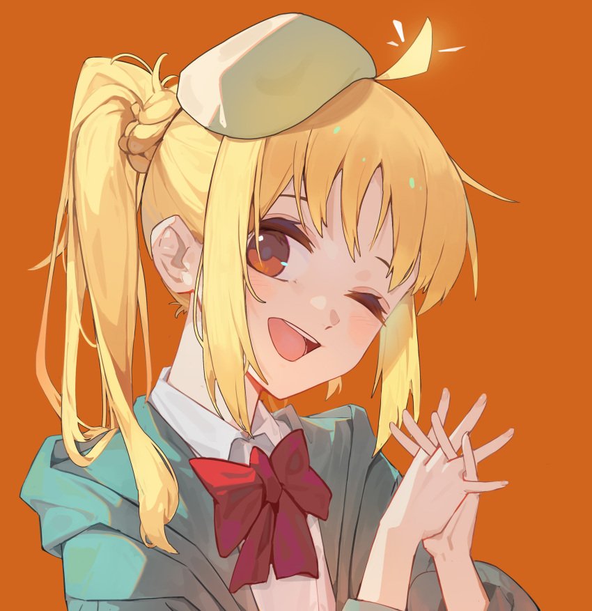 1girl, ;d, absurdres, ahoge, aqua_jacket, blonde_hair, bocchi_the_rock!, bow, bowtie, chinese_commentary, collared_shirt, commentary_request, fingernails, hat, highres, hood, hood_down, hooded_jacket, ijichi_nijika, interlocked_fingers, jacket, looking_at_viewer, medium_hair, nlarou, one_eye_closed, open_mouth, orange_background, orange_eyes, own_hands_together, ponytail, red_bow, red_bowtie, shirt, simple_background, smile, solo, upper_body, white_hat, white_shirt