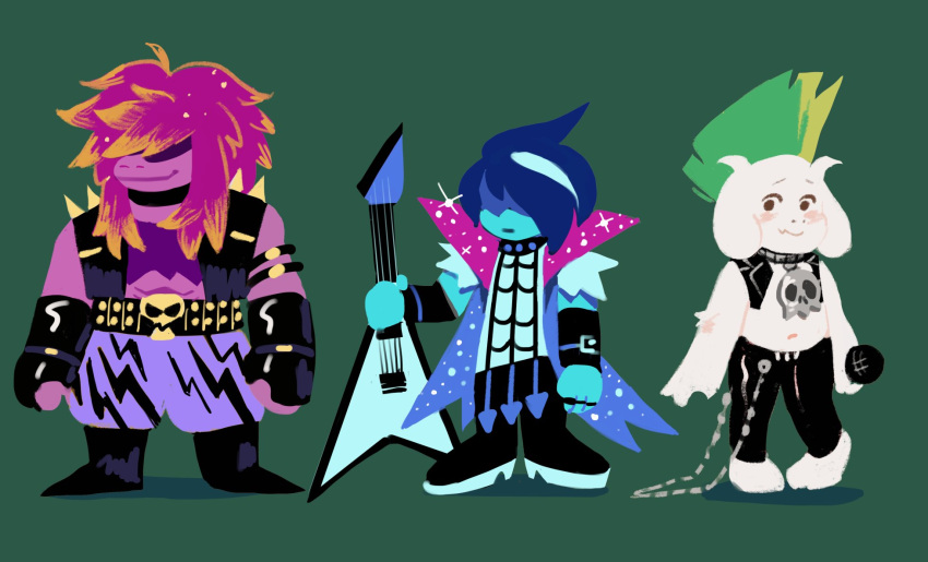 1boy, 1girl, 1other, androgynous, animal_ears, ankle_boots, aqua_hair, aqua_shirt, aqua_skin, aqua_sleeves, armband, baggy_pants, bare_arms, bare_shoulders, belt, belt_buckle, black_armband, black_boots, black_choker, black_gloves, black_jacket, black_pants, blue_coat, blue_hair, blush, boots, buckle, chain, choker, clenched_hand, clenched_hands, closed_mouth, coat, collared_coat, colored_skin, concept_art, cropped_jacket, deltarune, dinosaur_girl, elbow_gloves, electric_guitar, english_commentary, expressionless, fang, fingerless_gloves, furry, furry_male, gigi_d.g., gloves, goat_boy, goat_ears, goat_horns, green_background, green_hair, guitar, hair_over_eyes, high_collar, highres, holding, holding_guitar, holding_instrument, holding_microphone, horns, instrument, jacket, kris_(dark_world)_(deltarune), kris_(deltarune), kris_(lightners_live)_(deltarune), lapels, leather, leather_gloves, leather_jacket, leather_pants, legs_apart, lightning_bolt_print, lightning_bolt_symbol, long_hair, long_sidelocks, messy_hair, microphone, midriff, mohawk, monster_boy, monster_girl, multicolored_hair, mystical_high_collar, navel, no_eyewear, no_lineart, no_shirt, notched_lapels, official_alternate_costume, official_art, open_hand, orange_pants, pants, parted_bangs, print_pants, purple_hair, purple_pants, purple_shirt, ralsei, ralsei_(lightners_live), second-party_source, shaded_face, shadow, shirt, short_sleeves, side-by-side, sidelocks, silver_chain, simple_background, skin_fang, skull_belt, skull_choker, sleeveless, sleeveless_jacket, smirk, sparkle, sparkling_clothes, standing, streaked_hair, studded_belt, studded_choker, studded_jacket, susie_(dark_world)_(deltarune), susie_(deltarune), susie_(lightners_live)_(deltarune), torn_clothes, torn_shirt, torn_sleeves, two-sided_coat, two-sided_fabric, two-tone_hair, white_fur