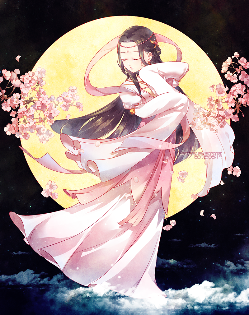 1girl, baronet, blunt_ends, branch, brown_hair, cherry_blossoms, chinese_clothes, closed_eyes