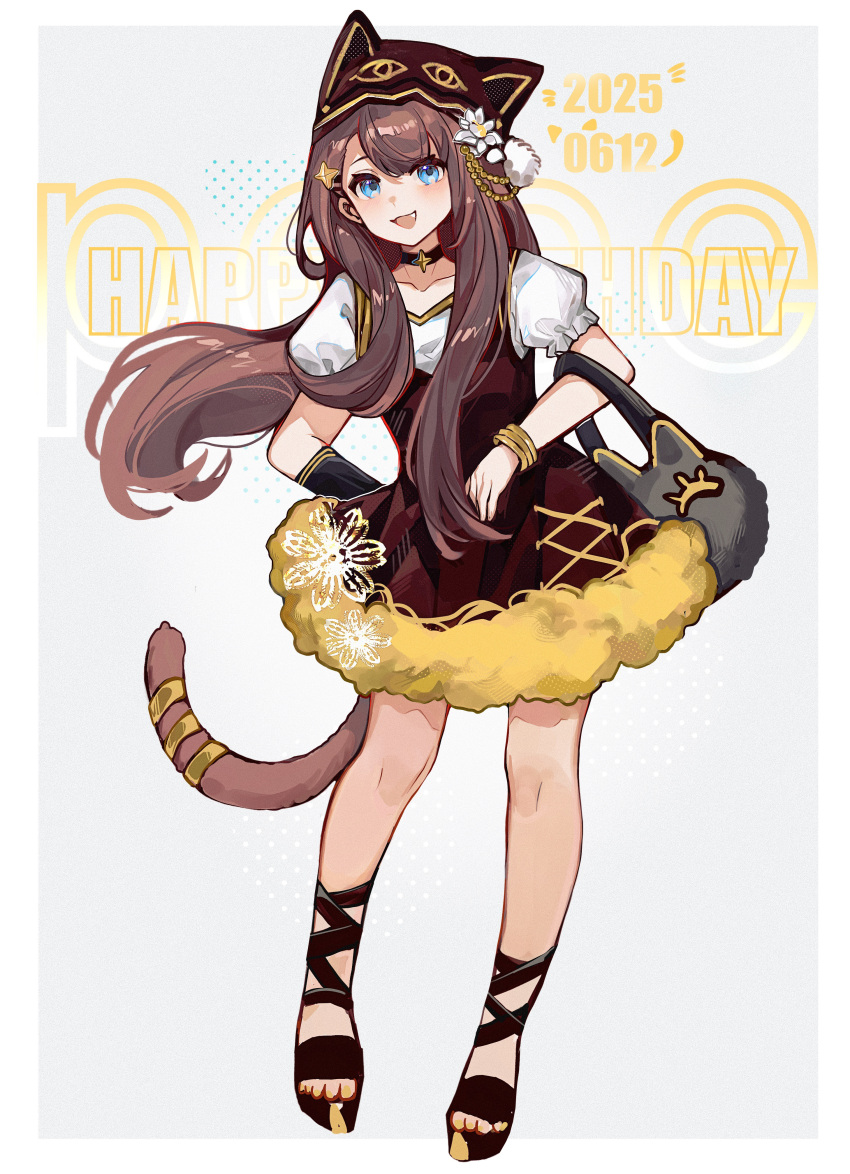 1girl, :d, absurdres, arknights, arm_behind_back, bag, bangle, black_choker, blue_eyes, border, bracelet, brown_dress, brown_hair, brown_hat, brown_tail, chasansui, chinese_commentary, choker, collarbone, commentary_request, dated, dress, fang, flower, full_body, gold, grey_background, hair_flower, hair_ornament, happy_birthday, hat, highres, jewelry, long_hair, looking_at_viewer, open_mouth, outside_border, pepe_(arknights), puffy_short_sleeves, puffy_sleeves, sandals, short_sleeves, smile, solo, standing, tail, tail_ornament, tail_ring, white_border, white_flower, white_sleeves