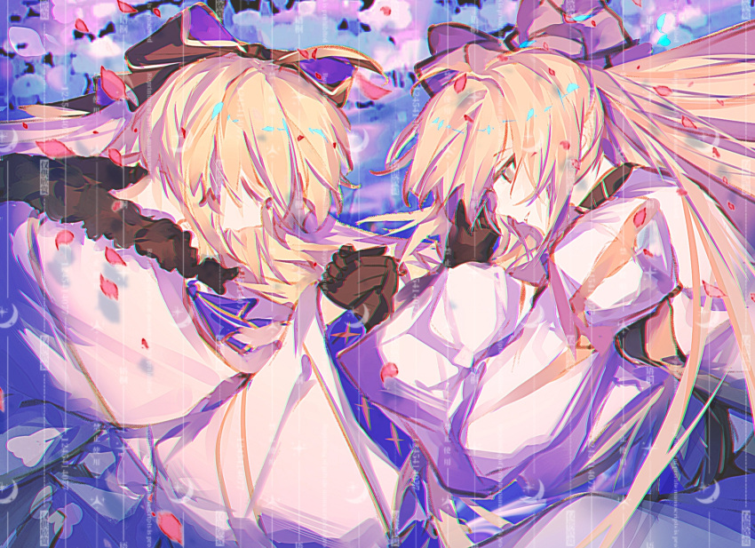2girls, aesc_(fate), aesc_(savior)_(fate), artoria_caster_(fate), artoria_pendragon_(fate), black_gloves, blonde_hair, bow