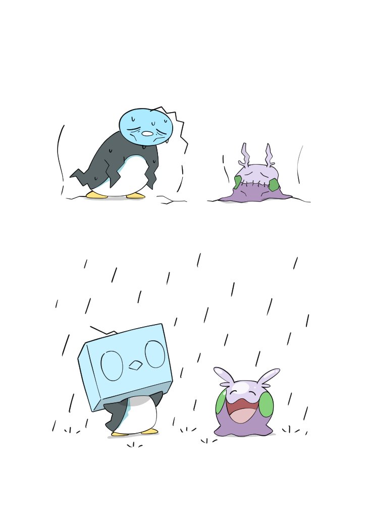 bird, closed_eyes, closed_mouth, dehydrated, eiscue, eiscue_(ice), eiscue_(noice), full_body, goomy, ice, igwjgsarifbfo9u, melting, no_humans, open_mouth, penguin, pokemon, pokemon_(creature), pokemon_focus, rain, simple_background, smile, water_drop, white_background