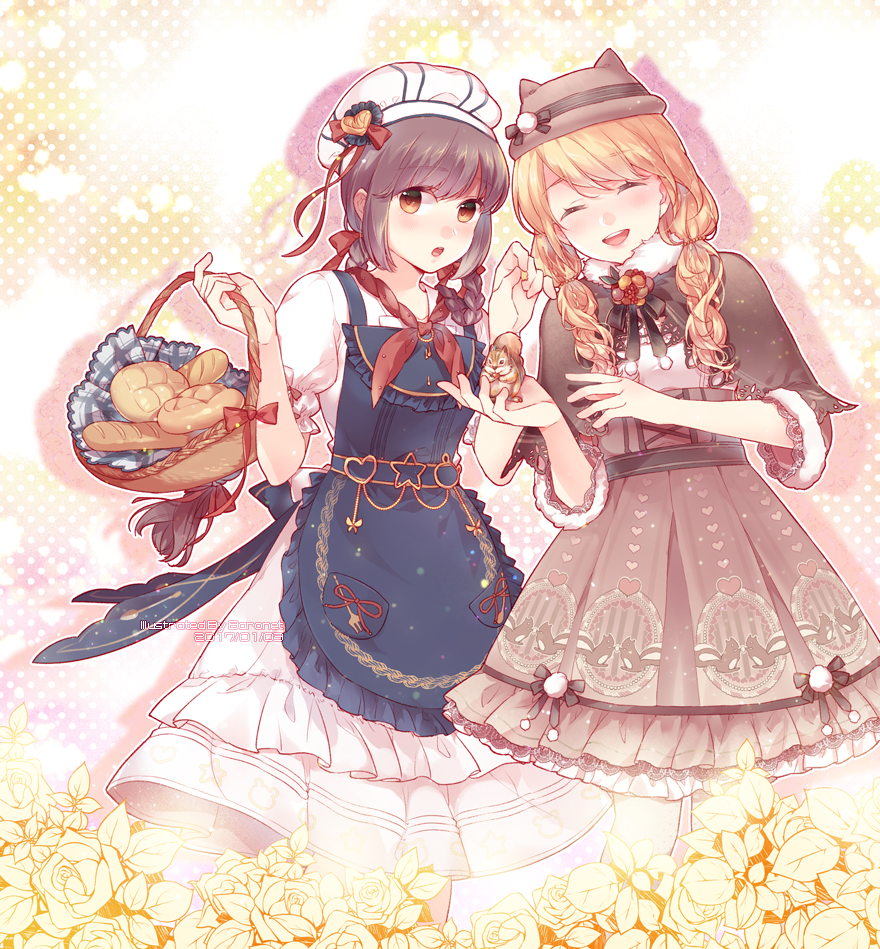 2girls, ^_^, animal, animal_ear_headwear, animal_ears, apron, baguette, baronet
