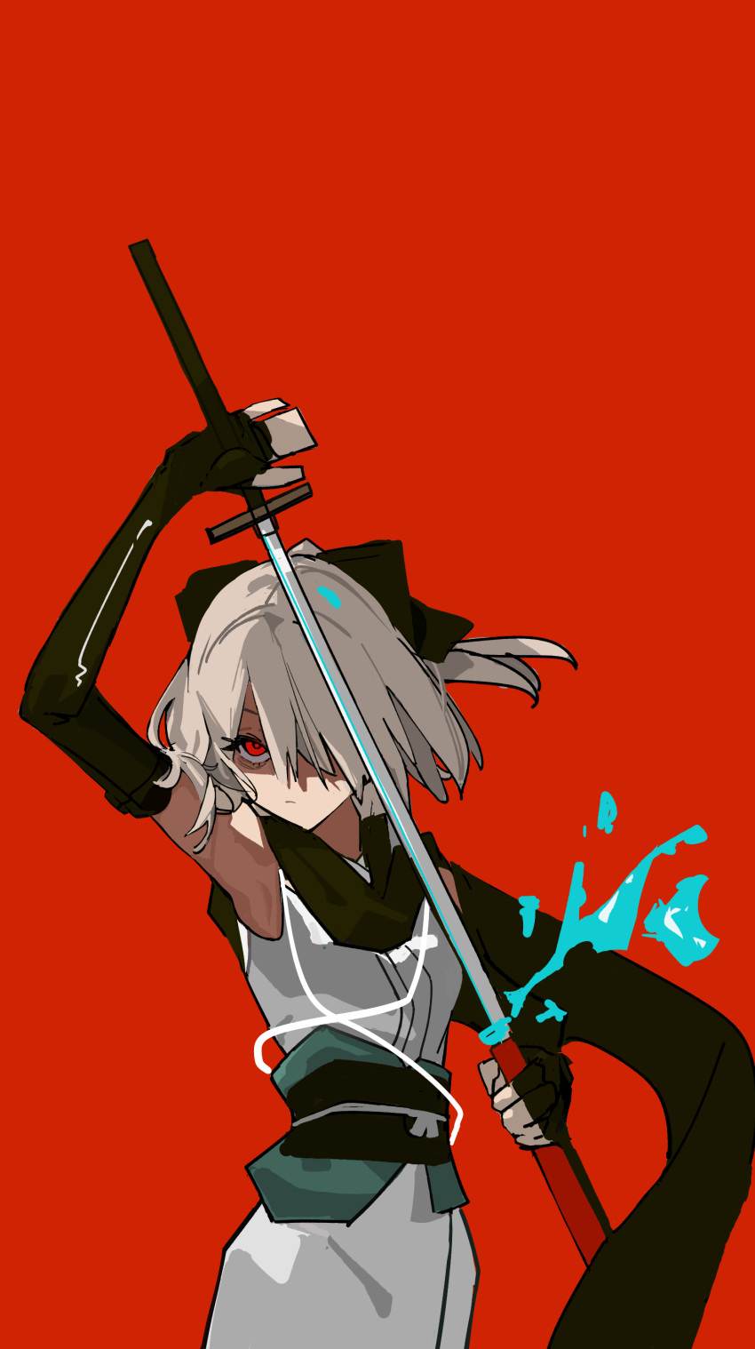 1girl, absurdres, arm_guards, black_bow, black_scarf, blonde_hair, bow, drawing_sword, elbow_gloves, fate/grand_order, fate_(series), gloves, hair_bow, haori, highres, holding, holding_sword, holding_weapon, japanese_clothes, katana, kimono, moyao_(moyao27550711), okita_souji_(fate), okita_souji_(koha-ace), okita_souji_(third_ascension)_(fate), red_background, red_eyes, sash, scarf, shinsengumi, short_hair, sleeveless, sleeveless_kimono, solo, sword, weapon, white_kimono