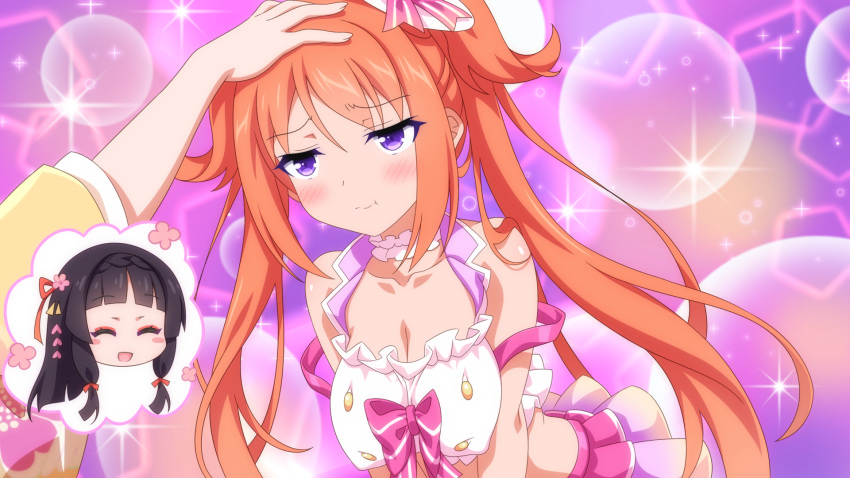 2girls, ayu_(sakura_succubus), blush, chibi, embarrassed, game_cg, hair_ornament, headpat