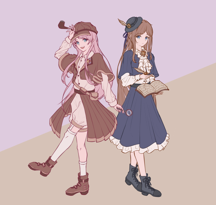 2girls, azzurra_stellare, bang_dream!, bang_dream!_it's_mygo!!!!!, blue_eyes, brown_hair, chihaya_anon, dress, fang, grey_eyes, highres, jacket, long_hair, long_sleeves, multiple_girls, nagasaki_soyo, open_mouth, pink_hair, shirt, skirt, white_shirt