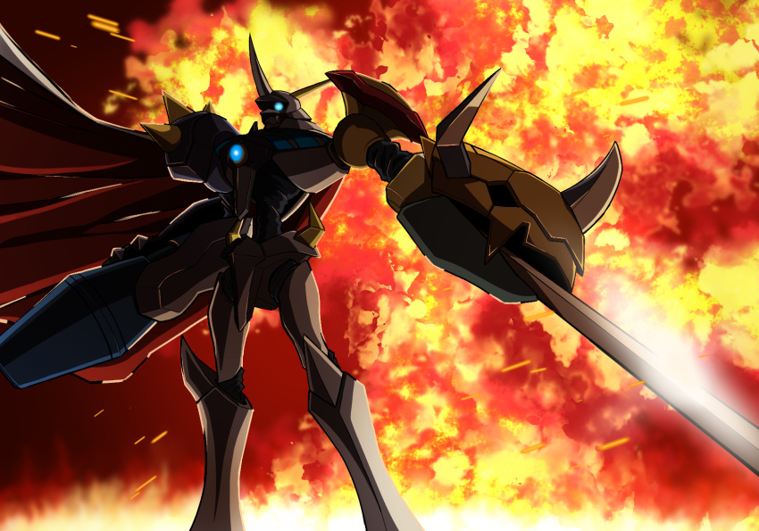 arm_blade, arm_cannon, asymmetrical_dual_wielding, blue_eyes, cape, chest_jewel, commentary, cowboy_shot