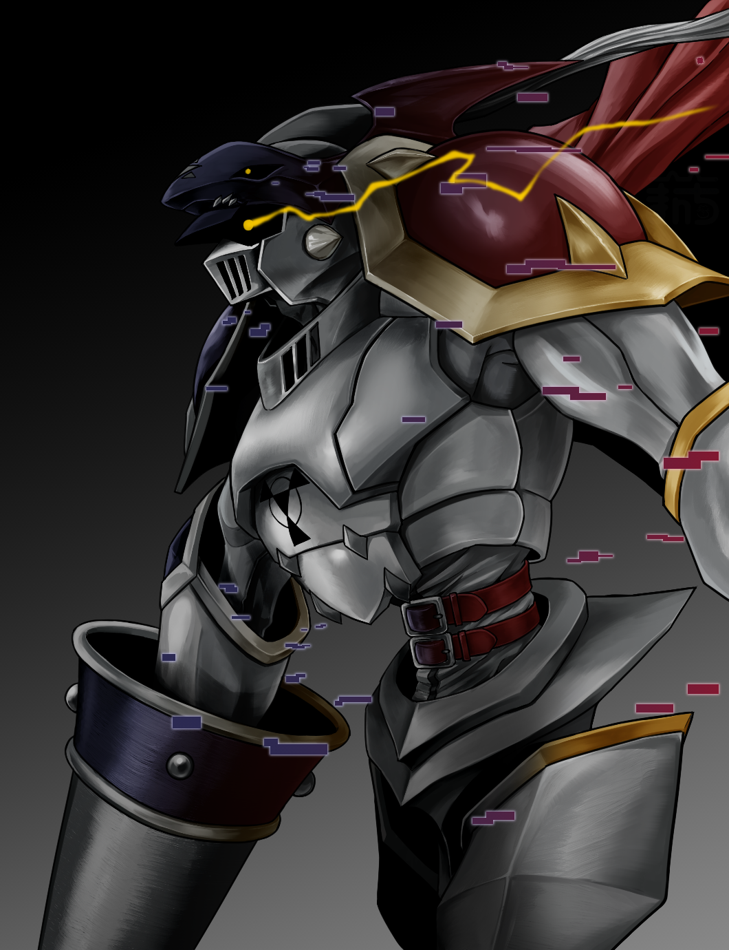 1boy, armor, black_armor, black_background, black_helmet, cape, chaosdukemon, cowboy_shot