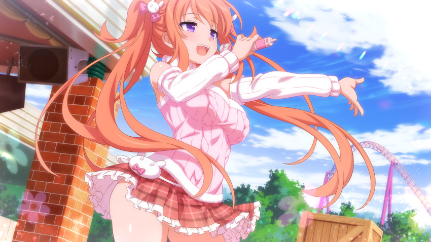 1girl, ayu_(sakura_succubus), frilled_skirt, frills, game_cg, hair_ornament, hairpin, hand_up
