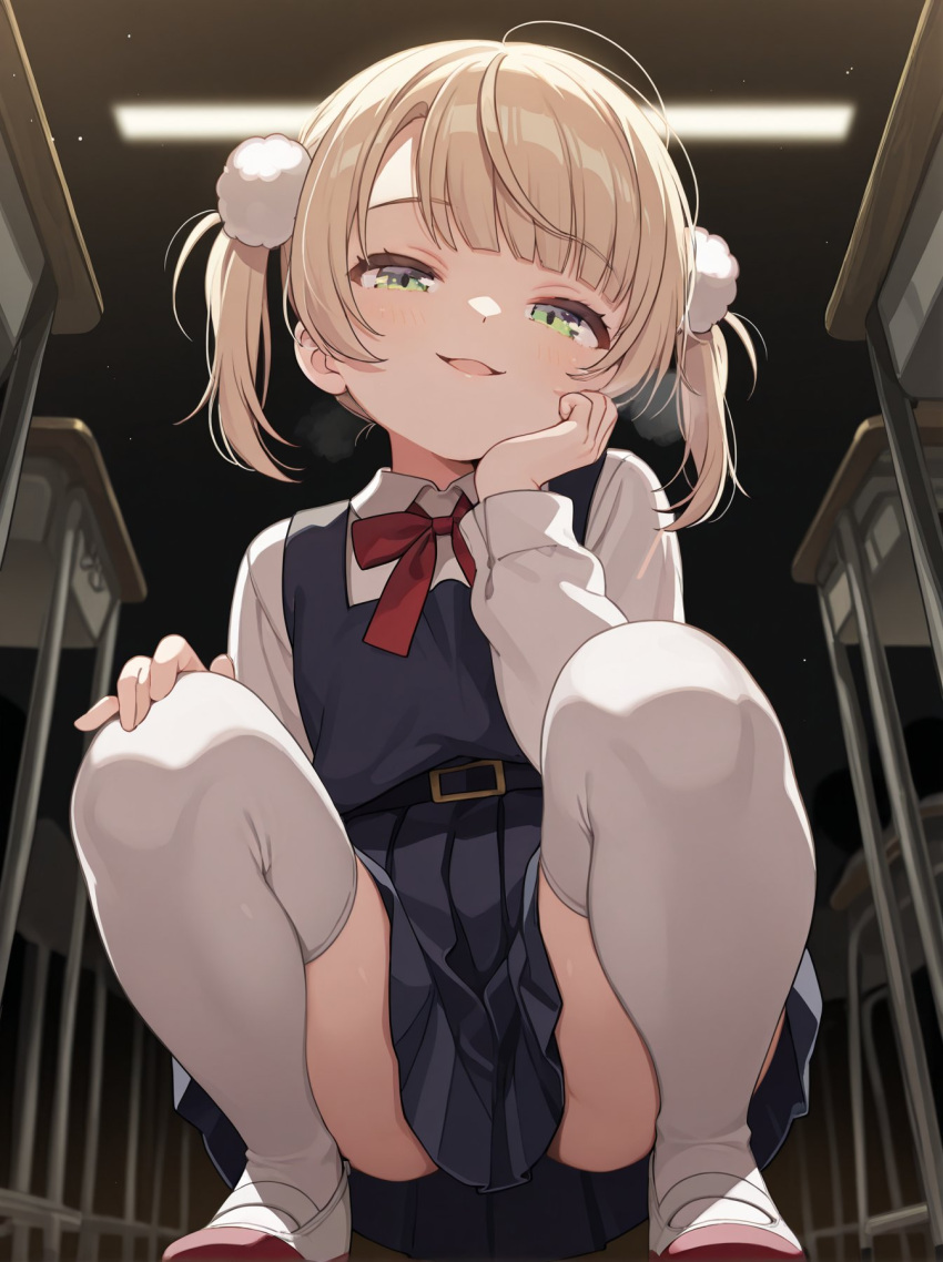 1girl, ai-generated, blue_skirt, blue_vest, blunt_bangs, brown_hair, child, desk