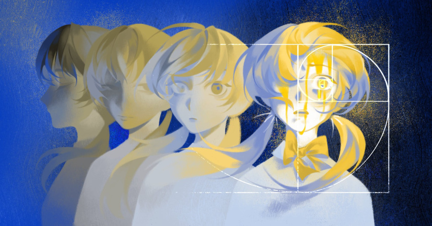 1girl, blonde_hair, blood, blood_from_eyes, blood_from_forehead, blood_on_face, blue_background, bow
