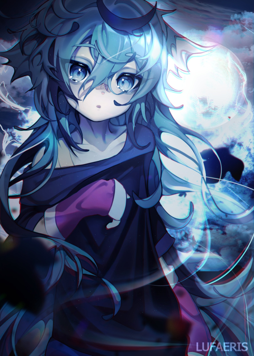 1girl, absurdres, artist_name, bandaid, bandaid_on_face, bandaid_on_nose, blue_eyes, blue_eyeshadow, blue_hair, chromatic_aberration, cloud_(lufaeris), clouds, collarbone, eyelashes, eyeshadow, full_moon, hair_between_eyes, highres, long_hair, long_hair_between_eyes, looking_at_viewer, makeup, moon, multicolored_hair, night, night_sky, original, outdoors, pale_skin, parted_lips, sidelocks, sky, solo, streaked_hair, very_long_hair