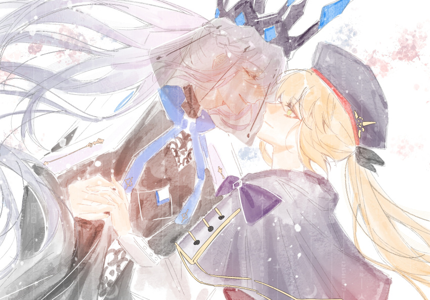 2girls, artoria_caster_(fate), artoria_pendragon_(fate), blonde_hair, braid, crown, fate/grand_order, fate_(series), green_eyes, hair_between_eyes, half_up_braid, hat, highres, long_hair, morgan_le_fay_(fate), morgan_le_fay_(queen_of_winter)_(fate), multiple_girls, ponytail, sakuranull, smile, veil, white_hair