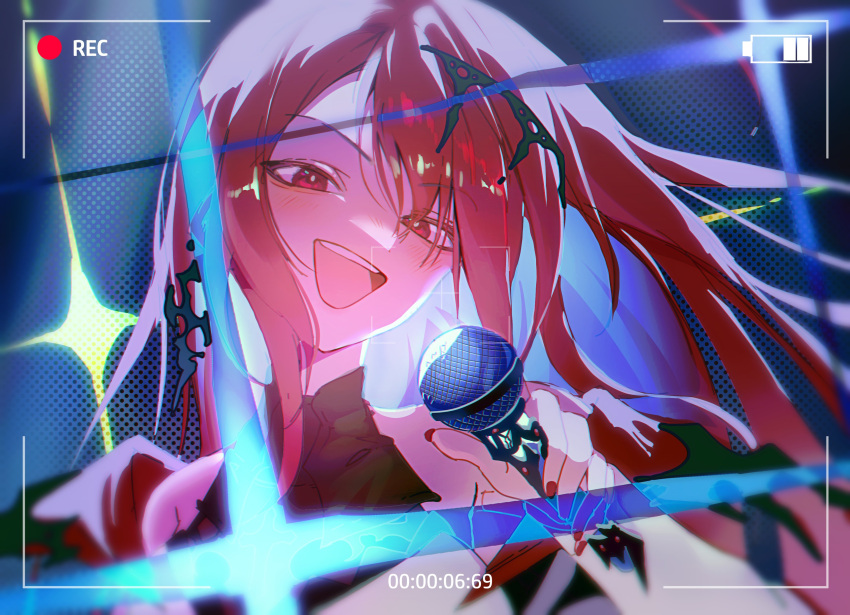 1girl, absurdres, battery_indicator, blue_background, elizabeth_rose_bloodflame, highres, holding, holding_microphone, hololive, hololive_english, insfidelie, long_hair, microphone, open_mouth, recording, red_eyes, red_hair, solo, upper_body, virtual_youtuber