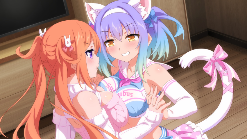 2girls, animal_ears, ayu_(sakura_succubus), blush, cat_ears, cat_tail, cheerleader, cosmos_(sakura_succubus)