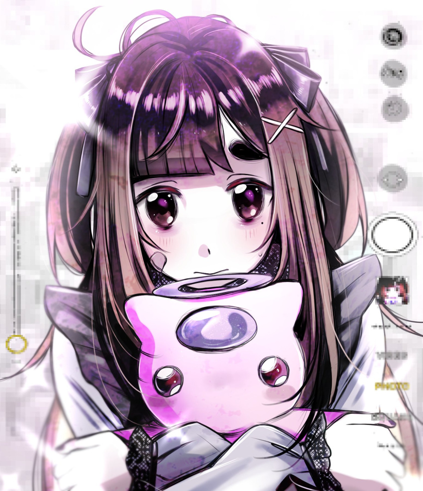 1girl, bandaid, bandaid_on_face, black_eyes, blunt_bangs, brown_hair, fake_photograph, hair_ornament