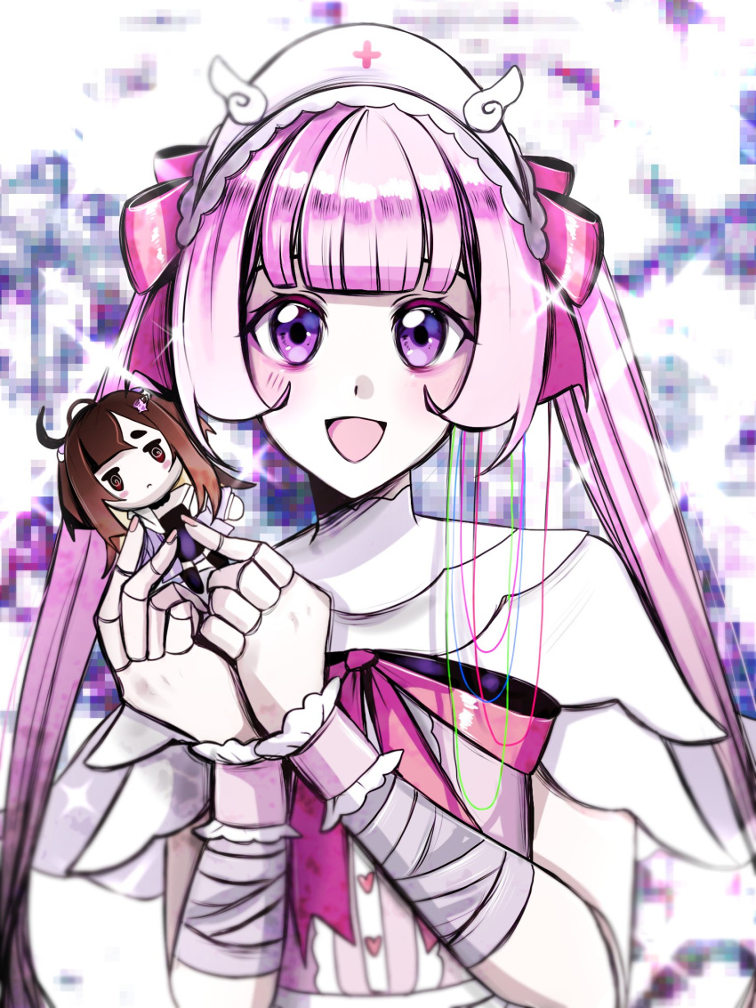 1girl, :d, ai-chan_(love_angel_syndrome), bandaged_arm, bandages, black_shirt, blunt_bangs, brown_hair