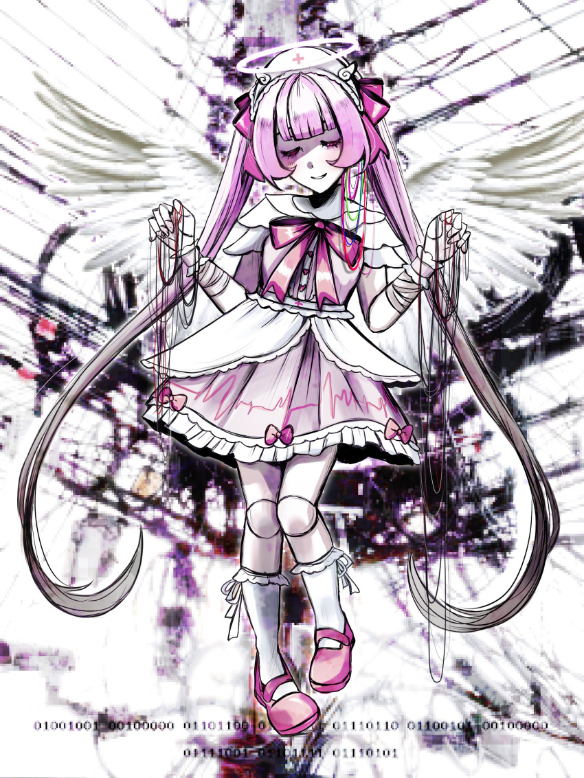 1girl, absurdres, aegyo_sal, ai-chan_(love_angel_syndrome), arms_up, bandaged_arm, bandages, blunt_bangs