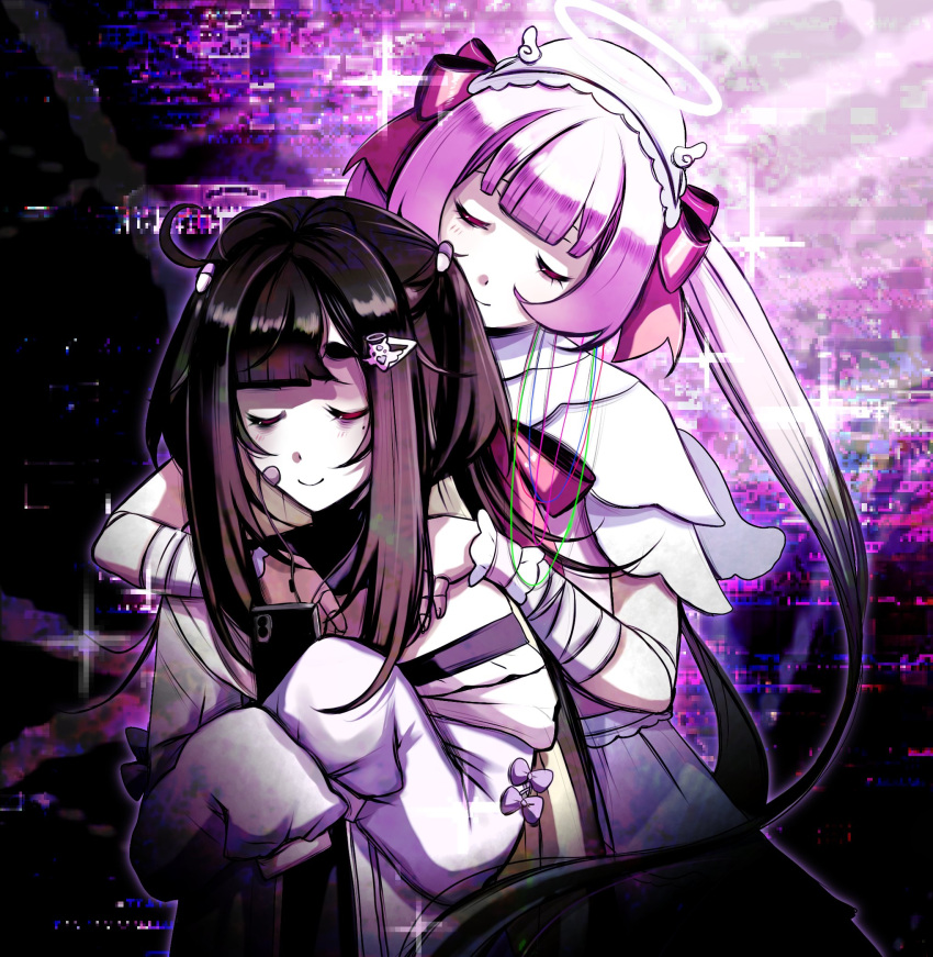 2girls, ai-chan_(love_angel_syndrome), arms_behind_back, bandaged_arm, bandages, bandaid, bandaid_on_face, blunt_bangs