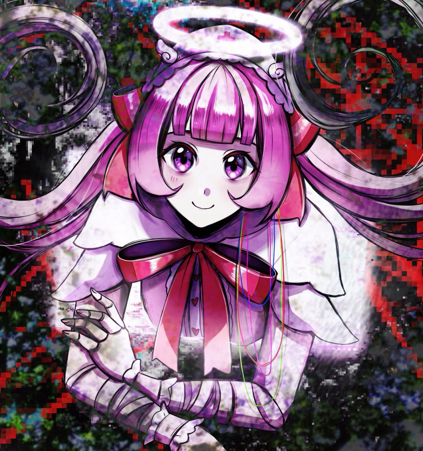 1girl, ai-chan_(love_angel_syndrome), bandaged_arm, bandages, bandaid, bandaid_on_face, bandaid_on_forehead, blunt_bangs