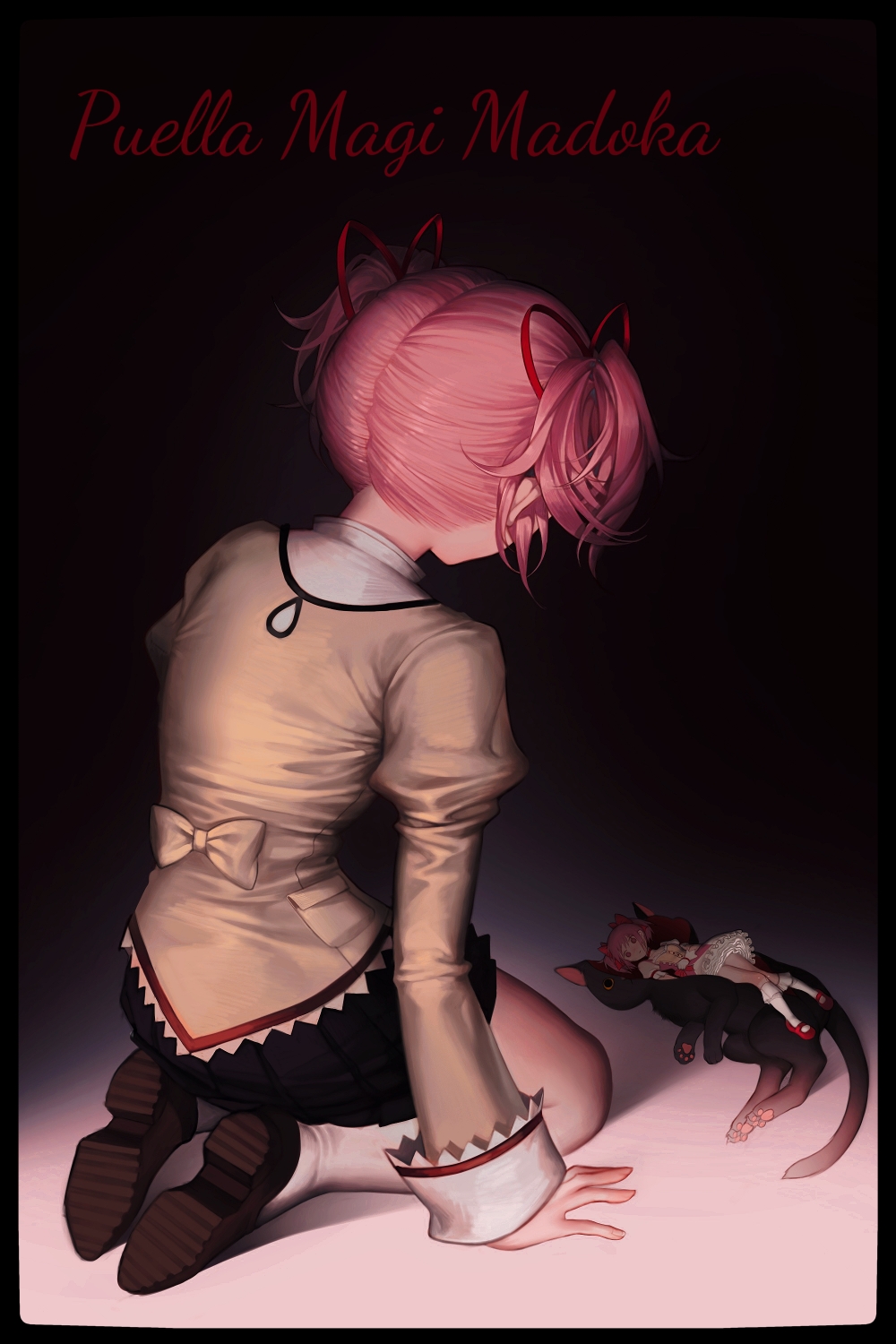 2girls, black_background, black_border, black_cat, black_skirt, border, bow, brown_shoes