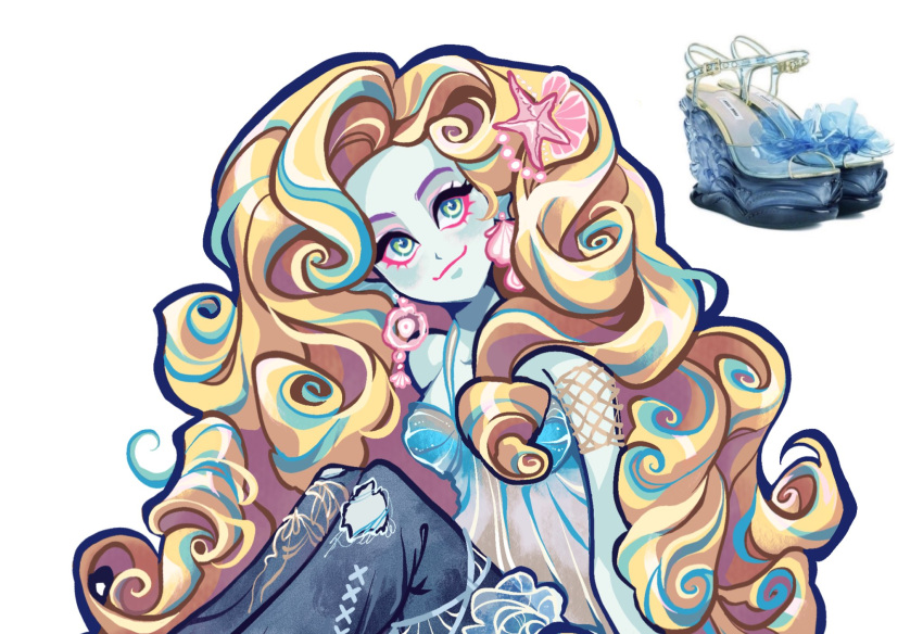 1girl, :3, absurdly_long_hair, aqua_eyes, aqua_hair, aqua_skin, armlet, bare_shoulders
