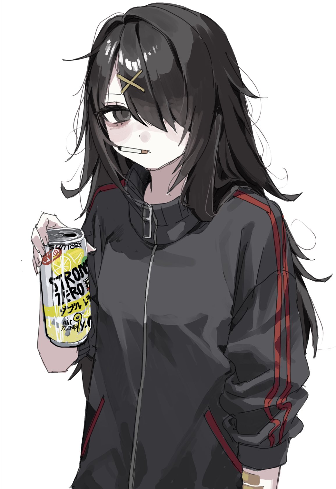 1girl, ame-chan_(needy_girl_overdose), arm_up, bags_under_eyes, bandaid, bandaid_on_arm, black_eyes, black_hair, black_track_suit, can, cigarette, drink, drink_can, hair_ornament, hair_over_one_eye, highres, holding, holding_drink, looking_at_viewer, m_psycho_83, messy_hair, needy_girl_overdose, sleeves_rolled_up, smoking, solo, track_suit, upper_body, white_background, x_hair_ornament
